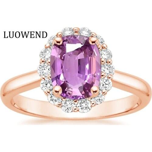 LUOWEND 18K Rose Gold Women Ring Certified Natural Pink Sapphire Oval/Rectangle Shape Female Engagement Diamond Ring Gemstone