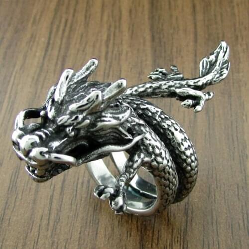 Free Shipping Vintage Silver Color Black Mens 316L Stainless Steel Cubic Zircon Eastern Fairy Dragon Rings Rock Biker Jewelry