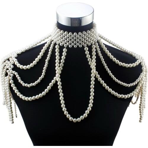 Florosy Long Bead Chain Chunky Simulated Pearl Necklace Body Jewelry for Women Costume Choker Pendant Statement Necklace New