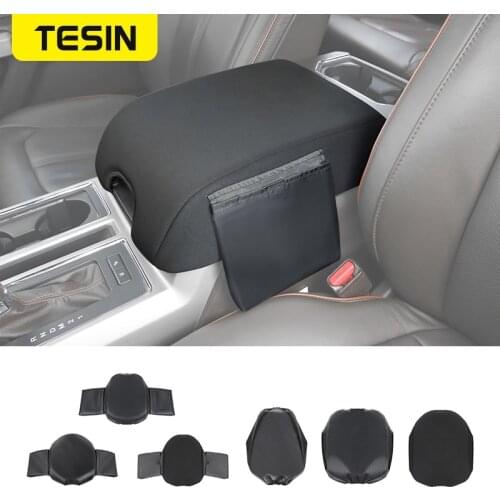 TESIN Car Armrest Box Cover Pad Arm Mat Armrests Protection Trim Leather Case Carbon Fiber Accessories for Ford F150 2015-2019