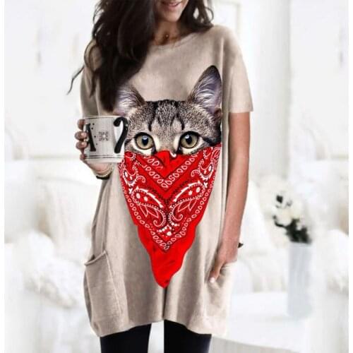 Summer Womens New Short Sleeve Casual Cat Printed Pocket T-shirt Top