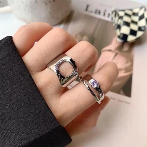 Fashion Purple Zircon Hollow Out Geometric Wide Ring Cross Opening Ring Charm Womens Finger Accessories Party Jewelry