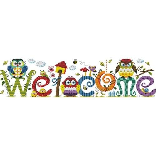 BMBY-Cross Stitch Kits Stamped of Embroidery Starter Kits for Beginners DIY 11CT 3 Strands - the Owl Welcome Card