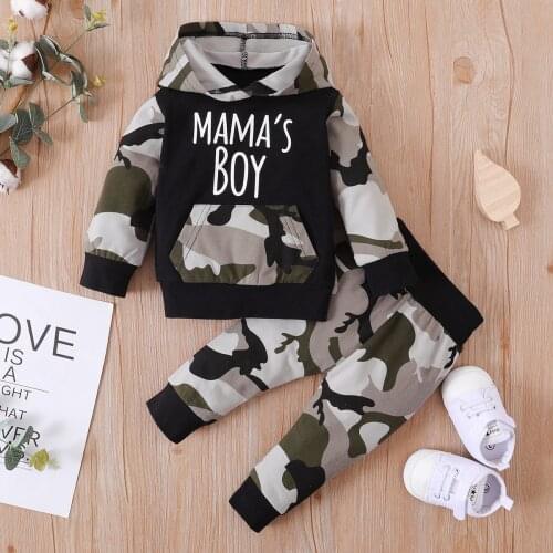 Baby Girl Boy Twins Clothes Toddler Girl Outfits Mamas Boy Girl Camouflage Print Hooded Top + Pants Infant Kids Clothing Bulk