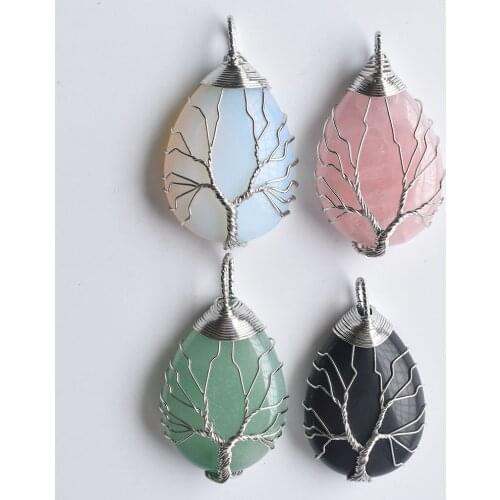 Wholesale 4pcs/lot good quality white Color Wire Wrap handmade tree of life drop shape mixed natural stone pendants free