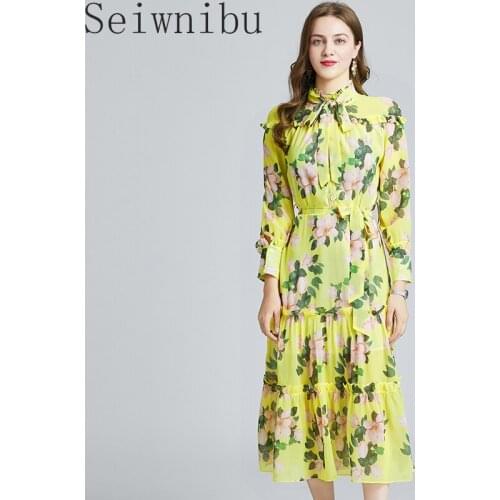 Seiwnibu Autumn Fashion Runway Vintage Midi Dress Women Long sleeve Elegant Bow Belt Flower Print Chiffon Dress Vestdios