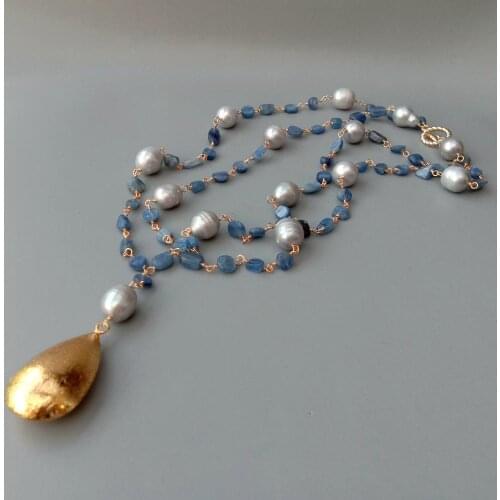 YYGEM Natural Blue Kyanite Freeform Gray Rice freshwater Pearl statement Wrap Necklace Teardrop Gold Brushed beads Pendant 21"