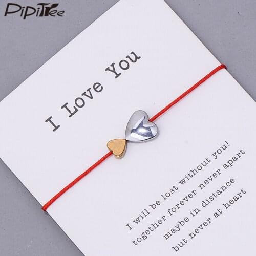 Pipitree I Love You Double Heart Bracelet Couple Wish Jewelry Gift Hematite Beads Red String Charm Bracelets for Women Lovers