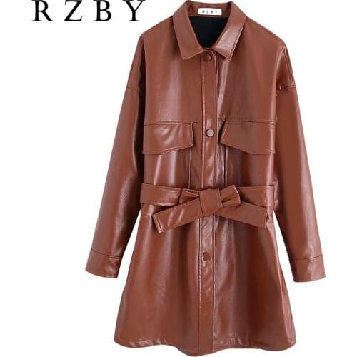 RZBY 2020 Winter New Womens Lapel Black Brown Warm Fashion Belt Long Cool Soft Artificial PU Leather Shirt Jacket Trench Coat