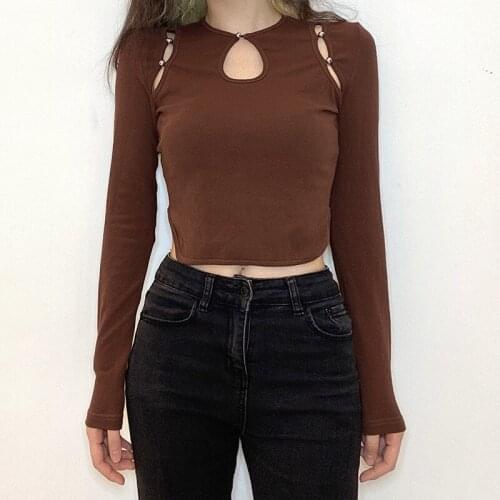 SEASONS Hollow Out Brown T-shirt Women Harajuku Autumn Long Sleeve Crop Top Slim Fashion Outfits Tshirts Vintage Tees ASTS82452