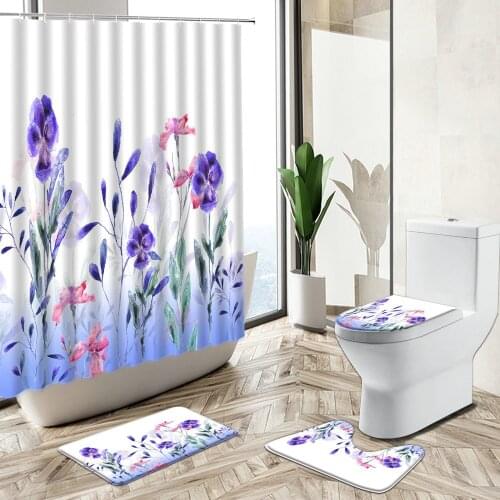 Flower Scenery Shower Curtains Garden Wild Plant Leaf Watercolor Art Bathroom Decor Non-Slip Carpet Toilet Cover Floor Mat Sets