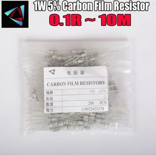 200pcs 1W 0.1R~10M 5% Carbon Film Resistor 1K 1.5K 2.2K 4.7K 10K 22K 47K 100K 0.22 0.33 0.47 0.68 ohm resistance Carbon Film