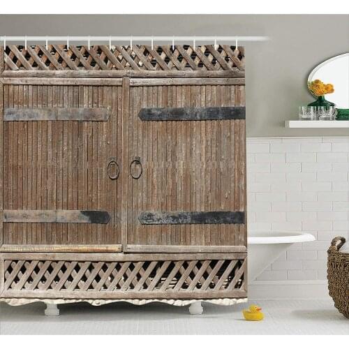 Wooden Gate with Metal Handle Old House Entry Weathered Rustic Ornate Polyester Fabric Bathroom Shower Curtain Set with Hooks