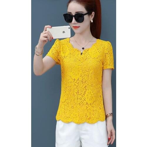Women Spring Summer Style Casual Lace Blouses Shirts Lady Short Sleeve O-Neck Blusas Tops DD8003