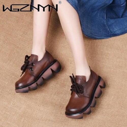 2021 NEW Shoes Woman Natural Genuine PU Leather Flat Platform Shoe Round Toe Casual Flats Female Footwear Spring Autumn Sneakers