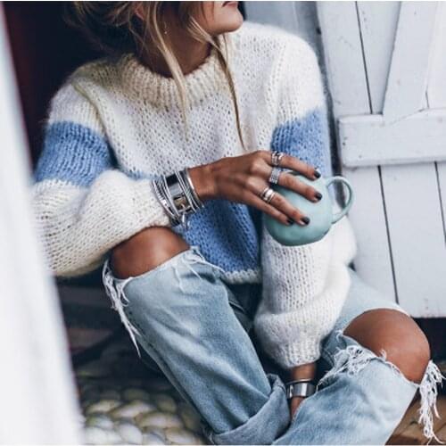 Autumn and Winter 2020 New Long Sleeve Mohair Color Block Sweater Womens Sweater Pullover Casual Knitted Striped Plush Sweater