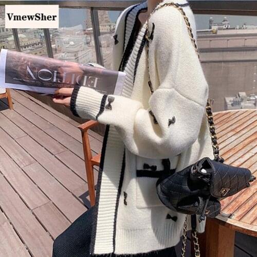 VmewSher New Spring Autumn V Neck Knitted Sweater Cardigan Women Long Sleeve Color Block Elegant Bow Decoration Loose Outwear