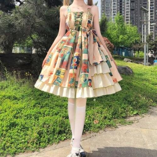 Harajuku Lolita Dress Style Design Stamp Collection Printing Tea Party Jsk Sling Dress Women Summer loli Kawaii cos