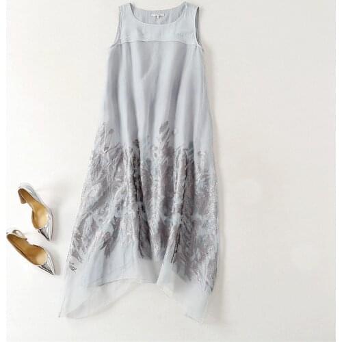100% Silk Vest Dress Women Embroidery stitching linen Solid O Neck Sleeveless Original High-end A Line New Fashion