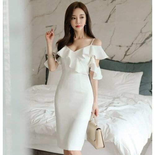 Summer Women Dress Short Sleeve Ruffles Bodycon Sexy Off Shoulder V-neck White Dresses