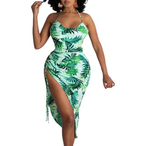 Women Sexy Slit Fashion Dress, Leaves Printed Pattern Halter Neck Casual Backless Sleeveless , Green/ Blue/ Light Blue/ Pink
