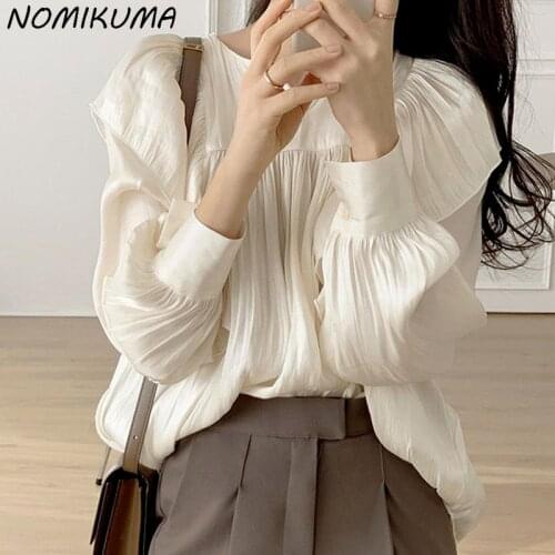 Nomikuma Korean Folds Ruffle Blouse Shirt Causal Lantern Sleeve O-neck Pullovers Autumn 2021 New Elegant Blusas Feminima 6Z830