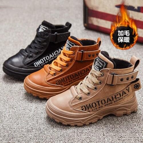 Winter autumn boys fashion Leather Velvet warm children shoes Side zipper Mid Martin boots Comfortable Non-slip Wear-resistant