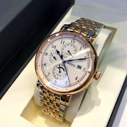 HAZEAL Stainless Steel Automatic Men Wristwatch Date Week Month Men Mechanical Watches Sapphire Glass Waterproof 50M Watches