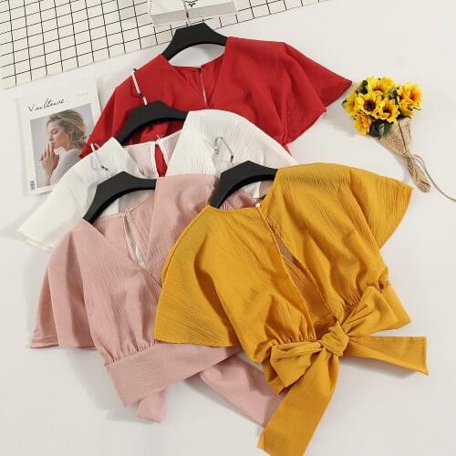 Women V-Neck Batwing Sleeve Ruffles Lace Up Bandage Sexy Shirt Lady Short Slim Waist Chic Backless Chiffon Pullover Blouse Tops