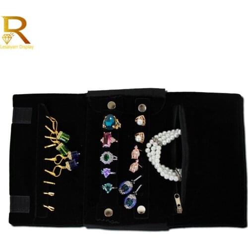 Elegant Burgundy or Black Velvet Small Jewelry Organizer Roll Travel Zipper Bag Case For Multiple Necklace Ring Earrings Storage