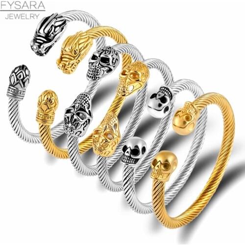 FYSARA Stainless Steel Skull Skeleton Dragon Charm Bracelets Twisted Cable Wire Cuff Bracelets Bangles For Women Men Pulseras