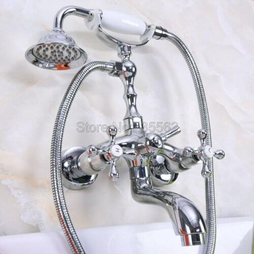 Chrome Wall Mounted Clawfoot Bathtub Faucet Set with Handheld Shower Mixer Taps llna200