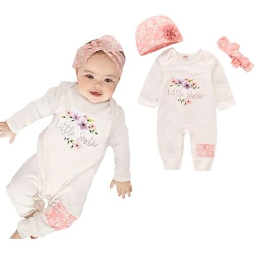 Newborn Girls Jumpsuits Long Sleeve Spring/Fall Baby Onesie 3-Pieces Romper Hat Headband Suits White Floral 0-18M Infant Outfits