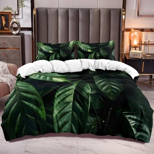 3D Green Leaf Duvet Cover Botanical Bedding Comforter Cover with Plants Theme Zipper Closure Bedding Quilt Cover Sets
