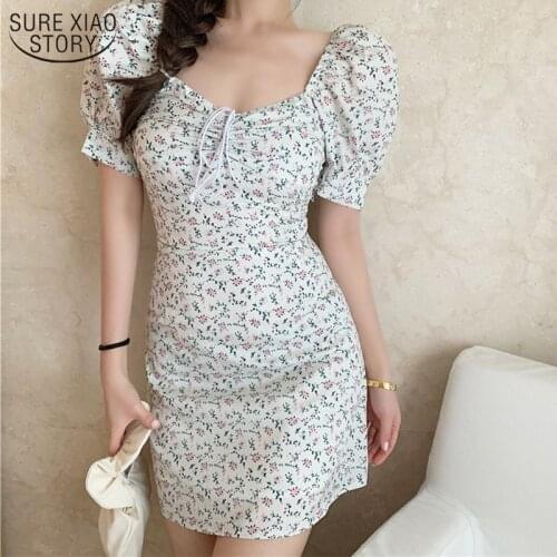 Korean Summer Dress 2021 Retro Boho Short Sleeve Chiffon Floral Mini Dresses Sexy White Dress Puff Sleeve Vestidos 10125