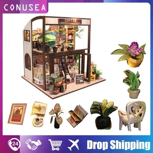 Handmade Miniature Dollhouse Furniture DIY Doll House Kit Building Model cafe coffee store with cover tools Birthday Gift Child