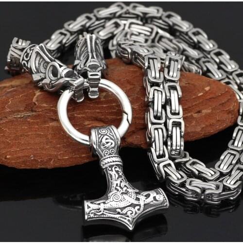 Men Fenrir wolf head with MJOLNIR Thor Hammer norse viking pendant necklace king chain