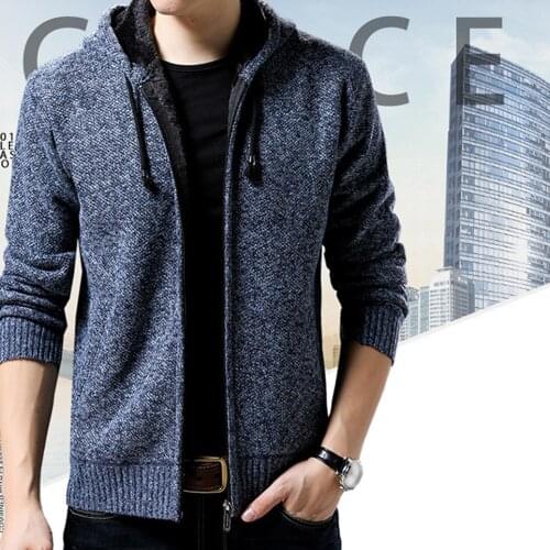 Men Autumn Winter Long Sleeve Plush Liner Zip Pockets Knitted Hooded Coat jackets for men hooded