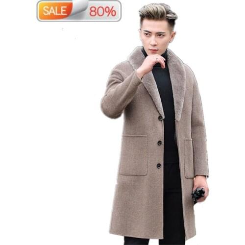 100% Wool Coat Autumn Winter Jacket Men Lamb Fur Collar Double-faced Woolen Coats Duck Down Liner Windbreaker ND1291