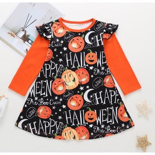 New Dress for Girl Kids Children Cotton Casual Halloween Pumpkin Printed O-Neck Princess Long Sleeve Winter Dress Girls Dresses
