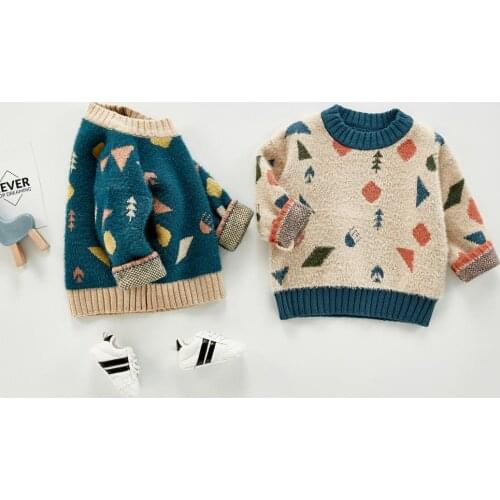 Super Cute Geometric Pattern Baby Boys Girls Knitted Sweater Autumn Winter Imitation Mink Wool Pullover Fluff Knitting Kids Tops