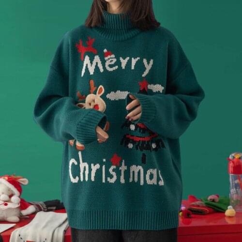 Autumn Winter Christmas Sweater Causal Christmas Tree Elk Print Long Sleeve Pull Jumper Femme Fashion Turtleneck Knitted Sweater