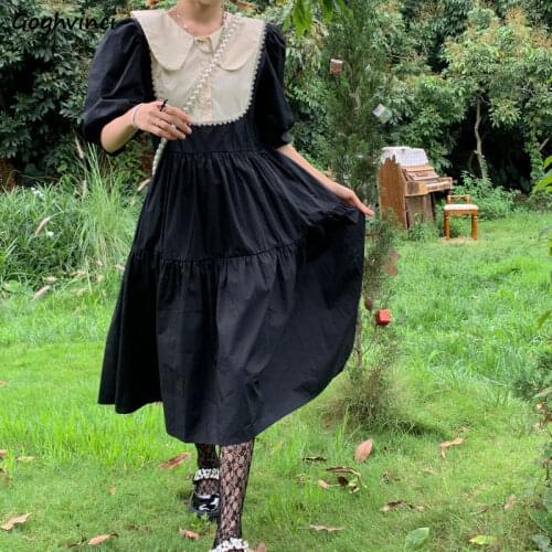 French Style Peter Pan Collar Dress Women Princess Lace-up Slim Puff Sleeve Elegant Midi Vestido Mujer New Design Retro Outwear