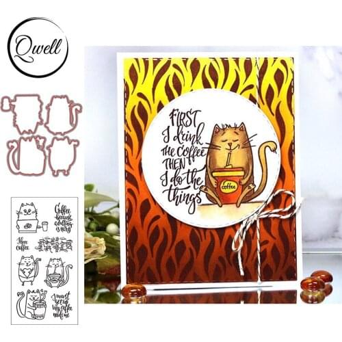 QWELL Enjoy Coffee Cat Silhouette Cutting Dies With Clear Stamps Love Cup DIY Scrapbooking Album Craft Craft 2020 New