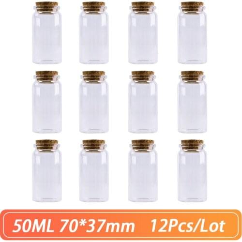 70*37mm 50ml Cork Glass Bottle Stopper Spicy Storage Jar Bottle Containers storage Jars Vials Glass spice DIY Craft 12pcs/Lot