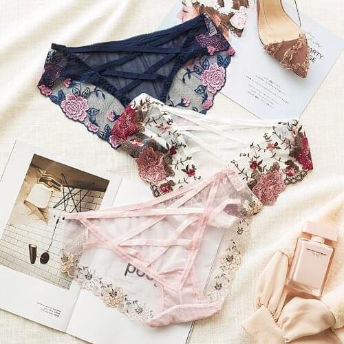 Wasteheart Women Fashion Blue Trim Lace Embroidery Panties Cotton Bottom Low Waist Sexy Women Panties Underwear Lingerie Briefs