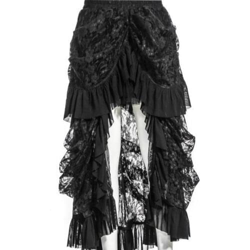 Women Black Long Goth Skirt 4XL 5XL Plus Size Open Front High Low Asymmetrical Lace Punk Steampunk Gothic Halloween Skirt Female