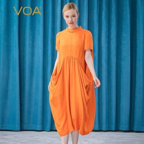 VOA Silk Jacquard Half-high Collar Short-sleeved Back Neck Buttoned Orange Pleated Kangaroo Pocket Loose Dress Summer AE568