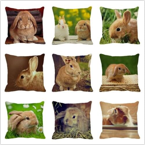 XUNYU 45x45cm Cushion Cover Cute Brown Rabbit Throw Pillow Case Linen Cushion Case Sofa Bed Decorative Pillowcase C0064