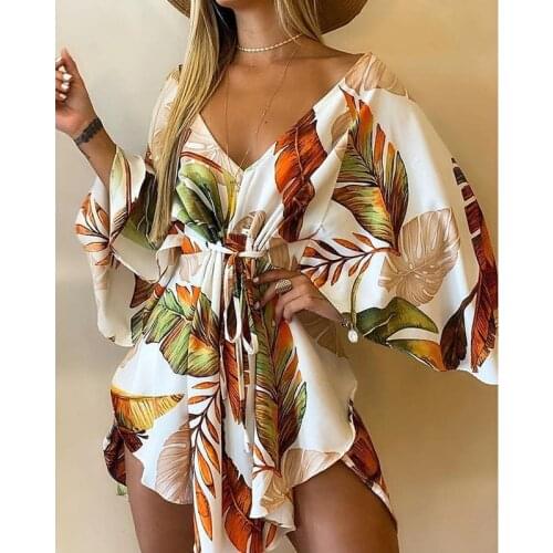 2021 Boho Style Women Tropical Print Asymmetrical Tie Front Mini Skirts Casual Summer Vintage Short Dress With Belt